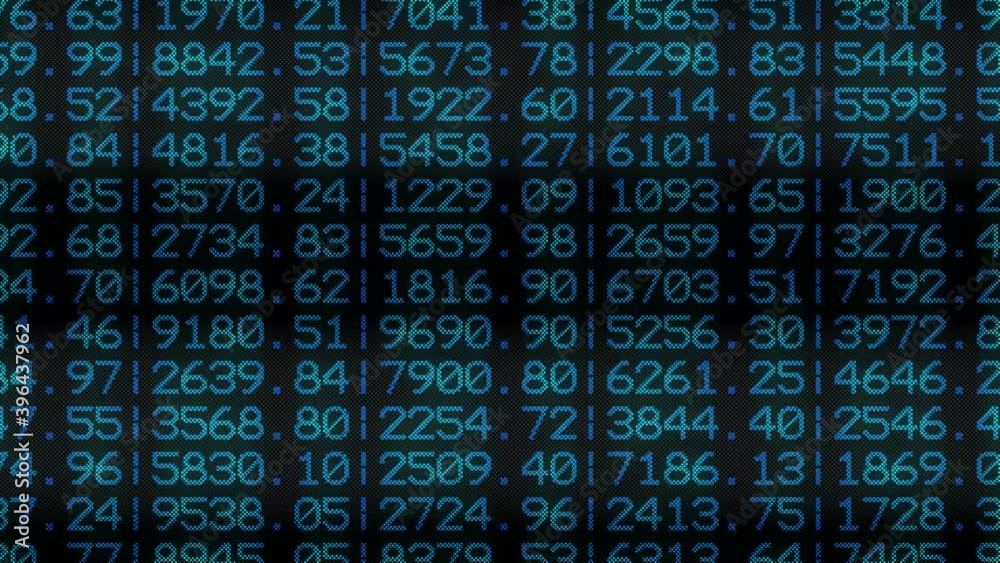 Poster lines of blue random numbers quickly changing on display background, information security, code or a