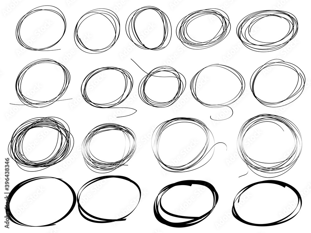 Poster big set of hand drawn scribble line circles. doodle circular for message note mark design element. v
