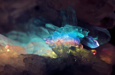 Beautiful crystal magic Rhinestone gem stone. Texture of specimen with scattered natural light...