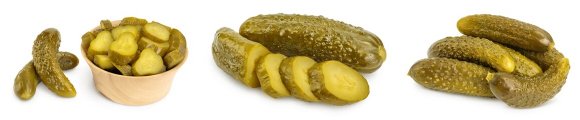 Marinated pickled cucumber isolated on white background with full depth of field. Set or collection