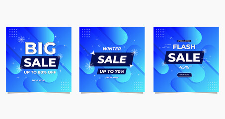 Set of social media post template for Winter Sale promotion with design on blue fluid background