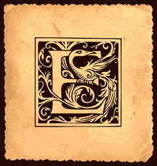 Black initial letter E with Baroque decorations on an old paper background in vintage style. Beautiful filigree capital letter E to use for monogram, logo, emblem, greeting card or invitation