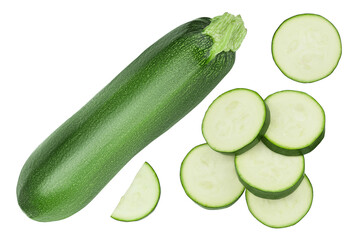 Fresh whole and sliced zucchini isolated on white background with clipping path and full depth of field. Top view. Flat lay
