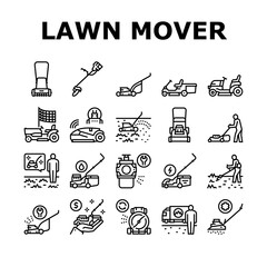 Lawn Mower Equipment Collection Icons Set Vector. Electrical, Gasoline And Smart Automatical Lawn Mower Garden Machine For Cutting Grass Black Contour Illustrations