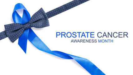 Cancer men. Awareness prostate cancer of men health in November. Blue ribbon, fashion bowtie...