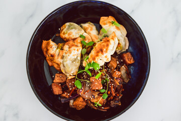 plant-based food, vegan gyozas with teriyaki vegetables and marinated tofu bites