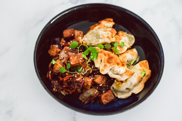 plant-based food, vegan gyozas with teriyaki vegetables and marinated tofu bites