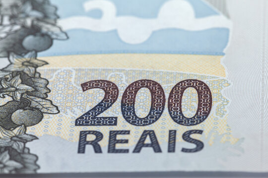 Newly launched 200 Reais brazilian note money bill close up details