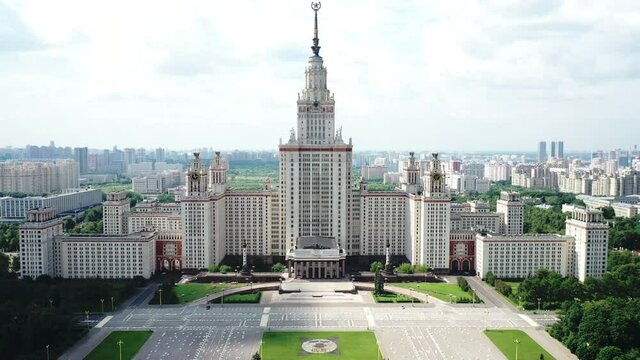 Moscow State University at sparrow hills in Moscow, Russia, aerial view