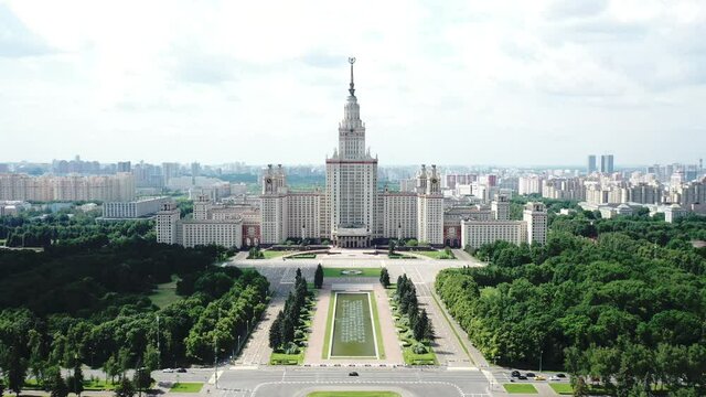 Aerial view of the MSU Moscow State University in Moscow, Russia, camera is moving forward