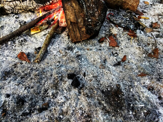 residual remnant ash from a campfire fireplace in the morning 