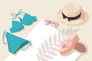 Fashionable summer beach set of swimsuit, hat, sunglasses and beach slippers. Vector flat illustration.
