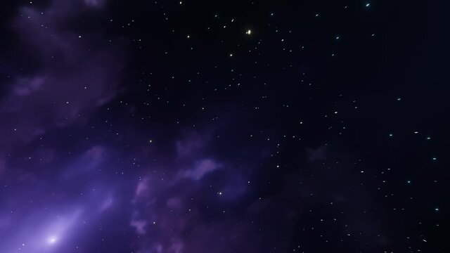 CGI Loopable Space Travel Forward Animation Through Blue and Violet Nebula Clouds and Star Clusters.