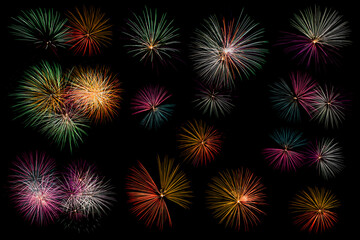 Set of colorful fireworks isolated on black background, Colorful fireworks collection