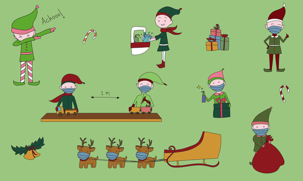 Barrier gestures with elves in Christmas season for covid 19, sneeze into your elbow, wash your hands, wear a mask, social distancing, clean, raindeers wearing mask, elves in work, Santa sleigh, gifts