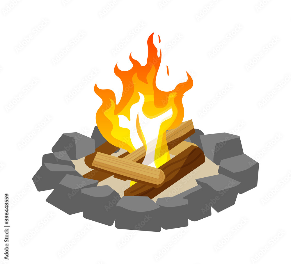 Wall mural log burning in campfire surrounded with stone isolated