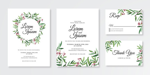 Fototapeta na wymiar Minimalist wedding card invitation template with hand painted watercolor floral