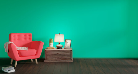 Interior of the living room, colored wall with a pink armchair or sofa, and blanket. On the background of the wall with free space on the right. 3d rendering., 3D illustration