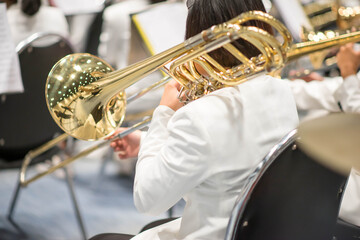 Obraz na płótnie Canvas Trombone player with team orchestra performance