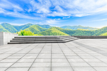 Empty square floor and green mountain with bamboo forest natural landscape.