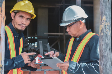 Two engineer worker work in construction site, Engineer inspector on site building