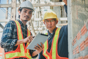 Two engineer worker work in construction site, Engineer inspector on site building