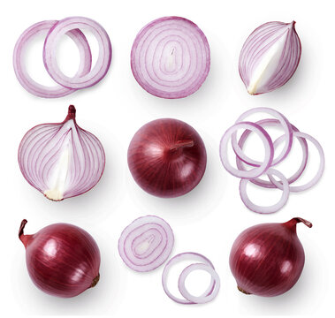 A set of whole and sliced red onion isolated on white background. Top view.