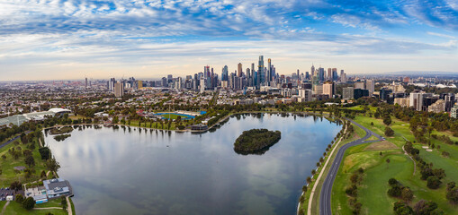 Panoramic view of the beautiful city of Melbourne as captured from above Albert Park Lake late in...
