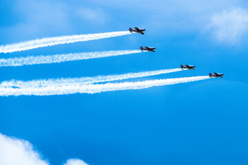 civil jets maneuvering in the sky during an air parade