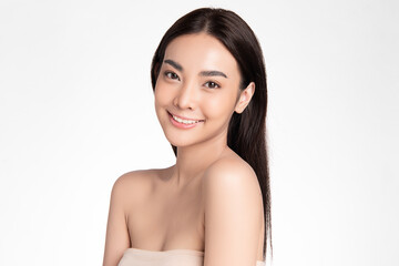 Beautiful young asian woman with clean fresh skin on white background, Face care, Facial treatment, Cosmetology, beauty and spa, Asian women portrait