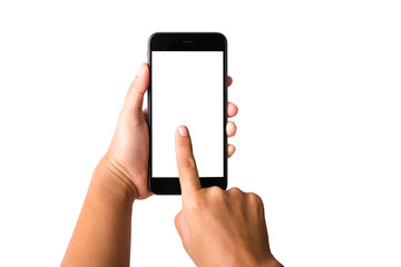 Woman hand holding mockup smartphone blank white screen. Female touch to screen on modern mobile phone studio shot isolated on over white background with clipping mask path on the phone and screen