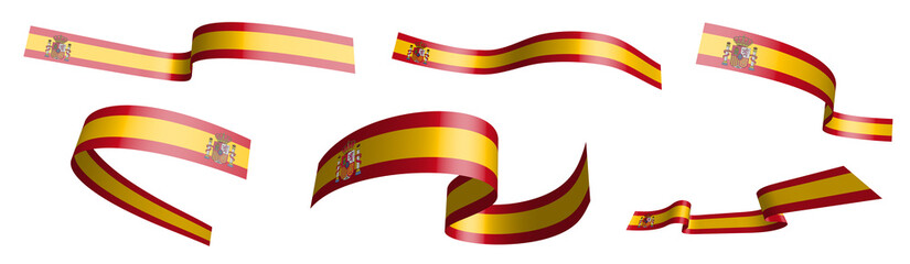 Set of holiday ribbons. Spain flag waving in wind. Separation into lower and upper layers. Design element. Vector on white background