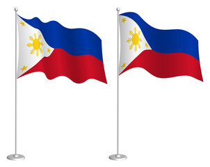 Flag of Republic of Philippines on flagpole waving in wind. Holiday design element. Checkpoint for map symbols. Isolated vector on white background