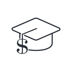 University hat and dollar sign. Boosting Financial Literacy. Education courses, consultations for investors and businessmen. Vector icon isolated on white background.