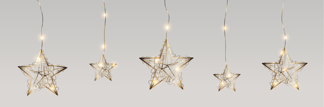 Star Christmas lights isolated realistic vector design elements. Star Glowing lights for Cover, Xmas Holiday cards, banners, posters, web design.