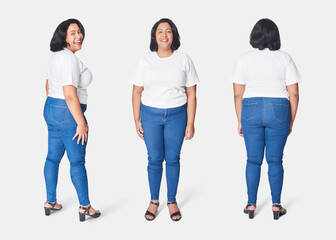 Fototapeta premium Body positivity women's white t-shirt jeans outfit apparel studio shot