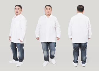 Plus size male model white shirt jeans apparel