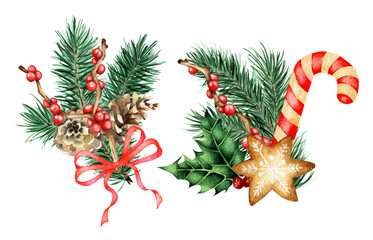 Watercolor set of Christmas and New Year decor. Bouquets of spruce, holly, ilex, bow and caramel cane. Isolated on white background. Drawn by hand.