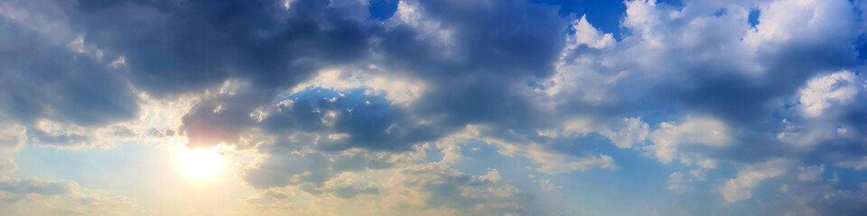 Naklejka na ściany i meble Blue sky panorama with cloud on a sunny day. Beautiful 180 degree panoramic image.