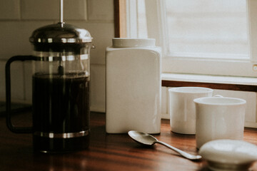 French press coffee for breakfast in the kitchen