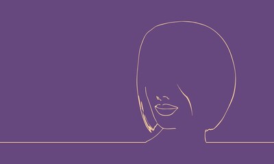 Face half turn view. Elegant outline silhouette of a female head. Portrait of a happy smiled woman. Thin line style