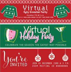 Naklejka premium Virtual Holiday Party Banner Set, Christmas Vector labels set, E-mail invite, Social Media Banners