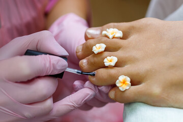 Pedicurist doing white nail polish on client legs using toe finger separator. Professional medical pedicure procedure. Podiatry clinic. Beautician hands in white gloves
