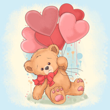 Bear Tedy holds a balloon that is shaped like a love heart. This vector uses a watercolor painting style which is easy to edit layers