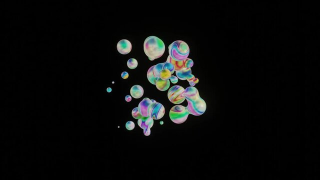 Airbuble metaball 3d footage. Deforming organic rendering blob realistic animation. Fluid shape dissolving into small drops on black background.