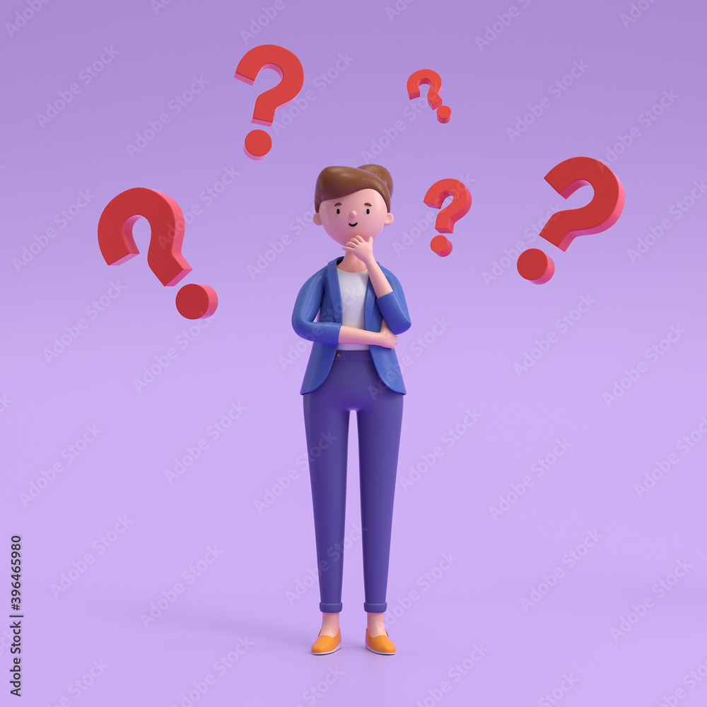 Wall mural a woman thinking with a question mark,looking for a solution.decision and problem concept. 3d render