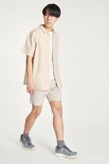 Men&#39;s beige shirt mockup minimal outfit