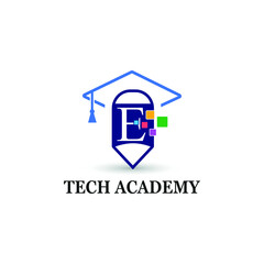 Letter E education and academy logo concept with pencil and toga hat for techno theme