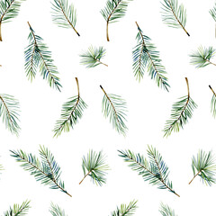 Watercolor evergreen christmas seamless pattern with fir branch, twigs spruce, winter greenery floral minimal for to the textile fabric, wallpaper decor, wrapping paper, scrapbook paper - 396467996