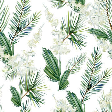 Watercolor evergreen christmas seamless pattern with fir branch, twigs spruce, pampas grass, winter greenery floral minimal for to the textile fabric, wallpaper decor, wrapping paper, scrapbook paper
